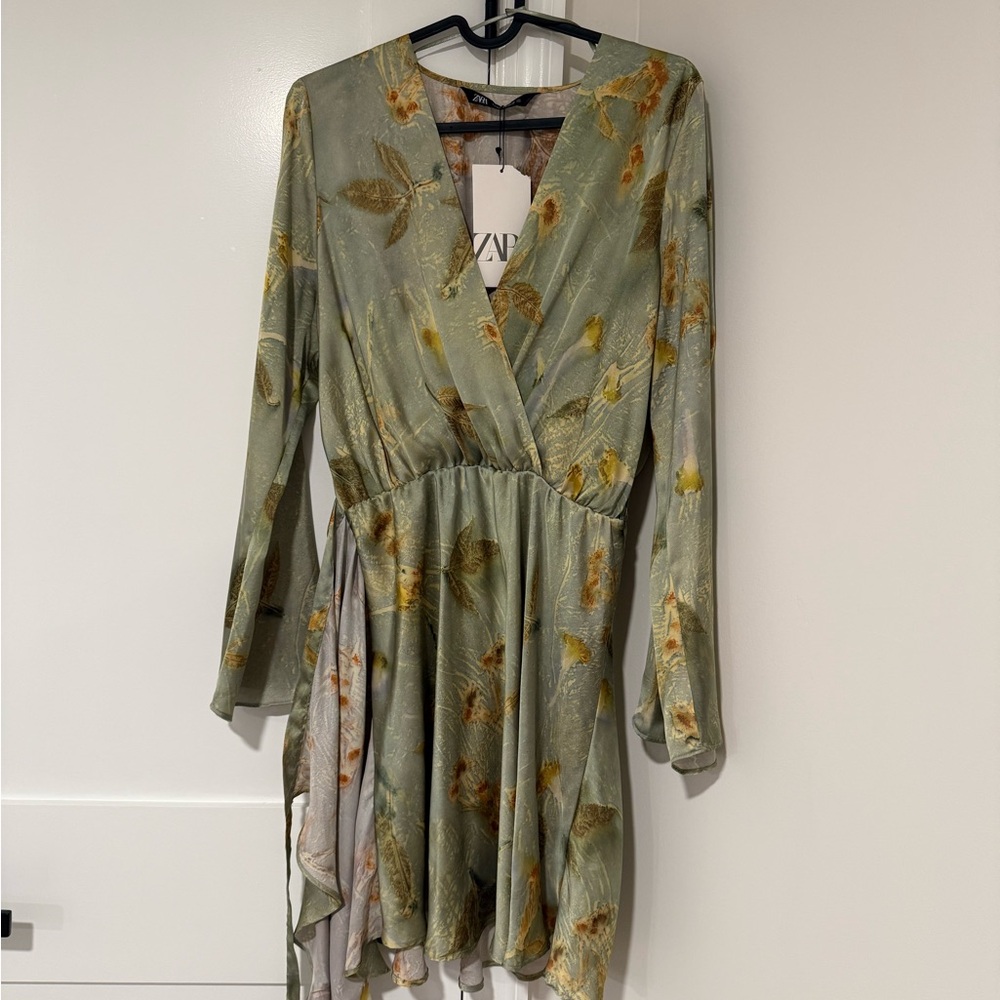 Zara Olive Floral Long Sleeve Dress